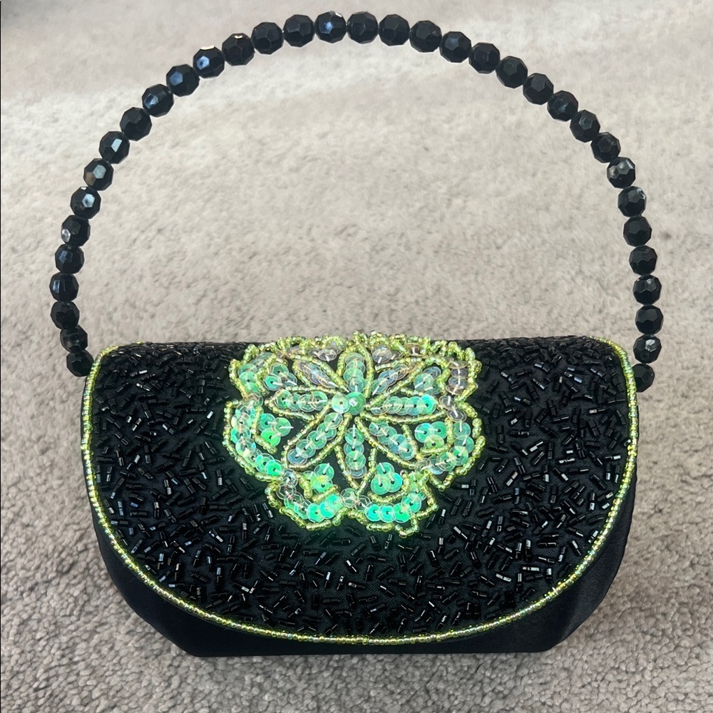 Black Beaded & Sequined Hand/Shoulder Bag with Green Floral Design